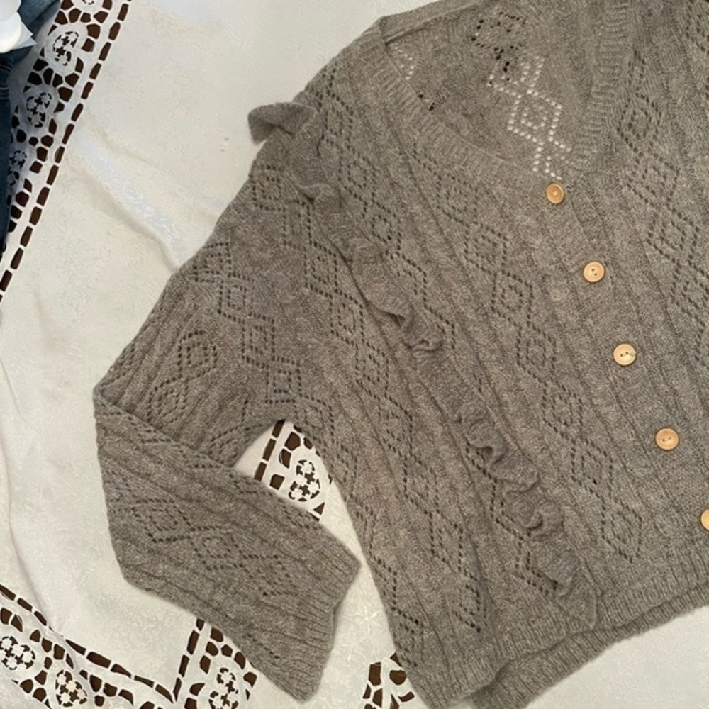 Greyish Taupe Knit Sweater With Ruffles & Wood Buttons - Picture 11 of 11